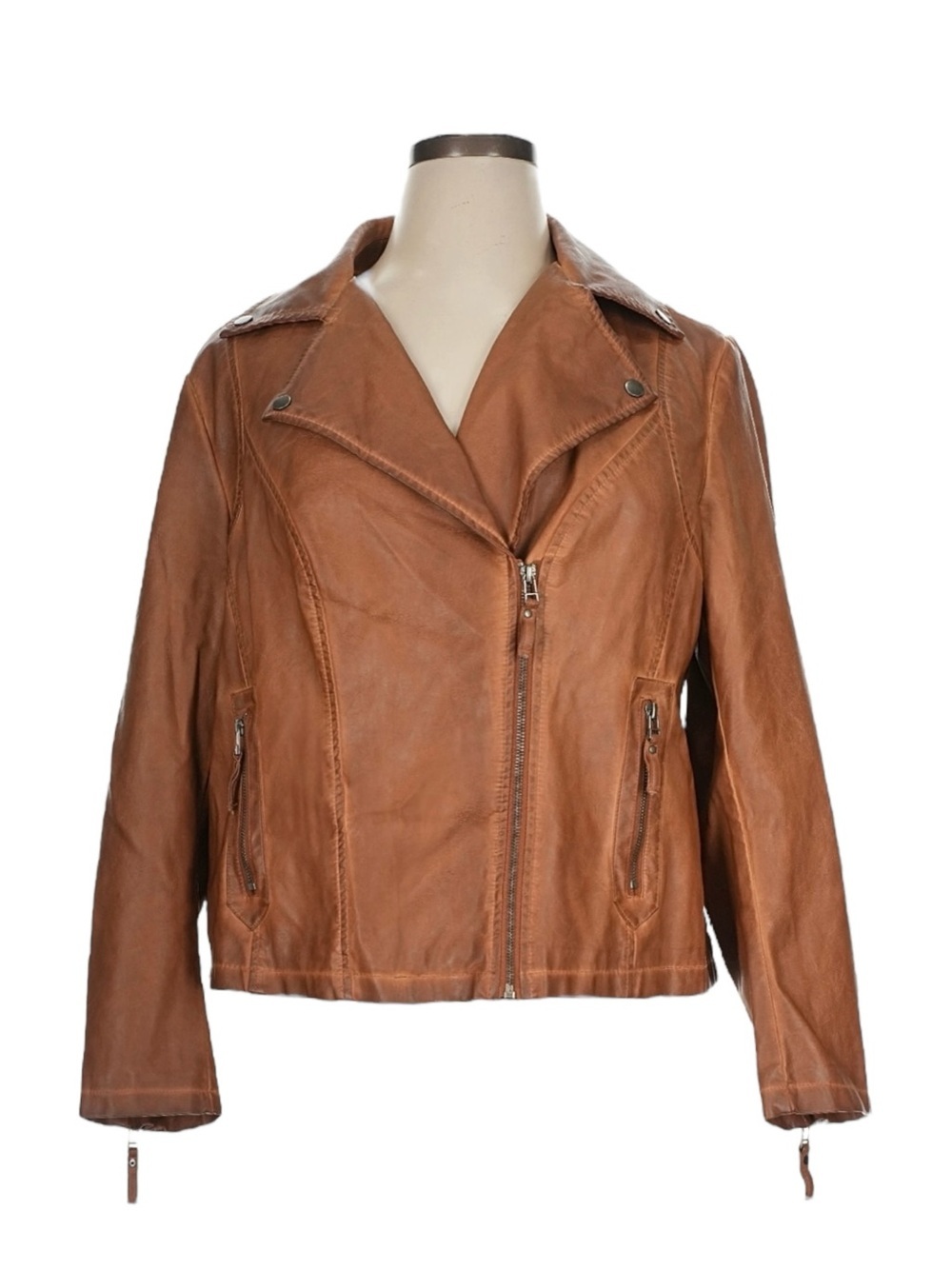 Max Studio London Faux Leather Moto Jacket Cognac 1X NWT Asym Zip